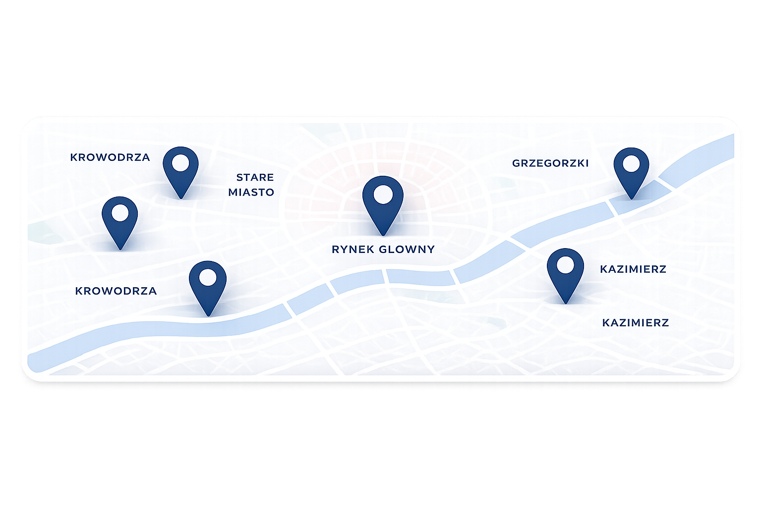 Mapa Krakowa z miejscami polecanymi w aplikacji Lovva